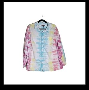 Lands' End Womens Long Sleeve Cotton Boyfriend Tie Dye Button Up Top Size 1X